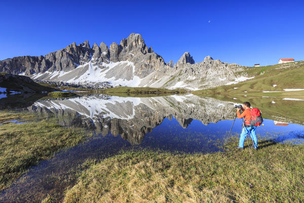 The photographer captures the Mount Paterno reflected in  the lake. Sesto Dolomites Trentino Alto Adige Italy Europe