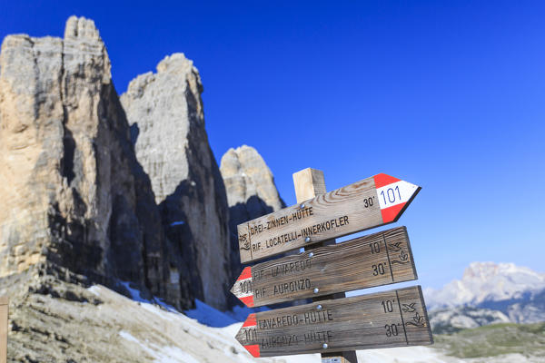 Signs indicate the paths for walkers. Sesto Dolomites Trentino Alto Adige Italy Europe