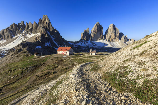 View of the Three Peaks of Lavaredo from Refuge Locatelli. Sesto Dolomites Trentino Alto Adige Italy Europe