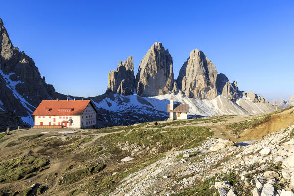 View of the Three Peaks of Lavaredo from Refuge Locatelli. Sesto Dolomites Trentino Alto Adige Italy Europe