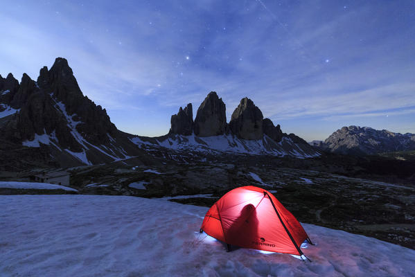 Camping at the Three Peaks of Lavaredo . Sesto Dolomites Trentino Alto Adige Italy Europe