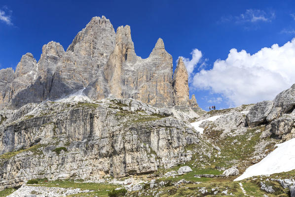 Views of the Three Peaks of Lavaredo on a summer day. Sesto Dolomites Trentino Alto Adige Italy Europe