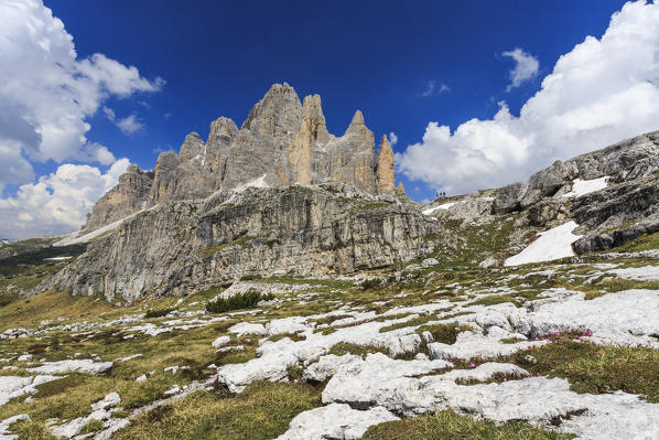 Views of the Three Peaks of Lavaredo on a summer day. Sesto Dolomites Trentino Alto Adige Italy Europe