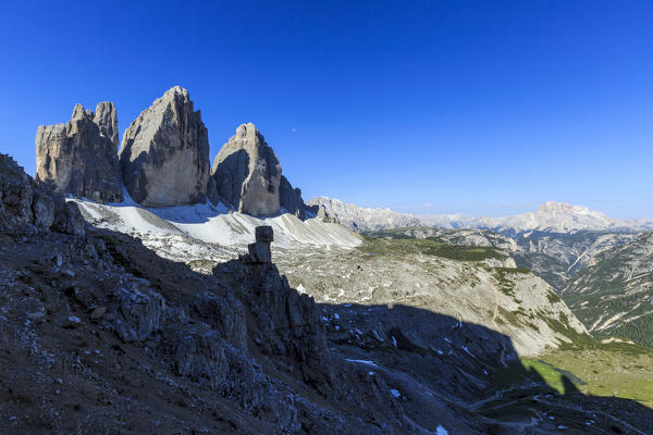 View of the Three Peaks of Lavaredo on a summer day. Sesto Dolomites Trentino Alto Adige Italy Europe