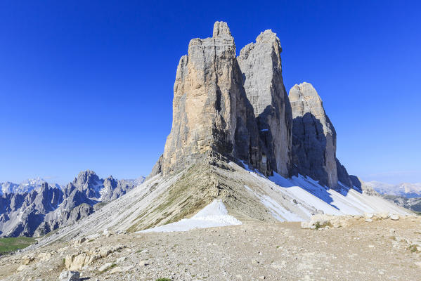 View of the Three Peaks of Lavaredo on a summer day. Sesto Dolomites Trentino Alto Adige Italy Europe