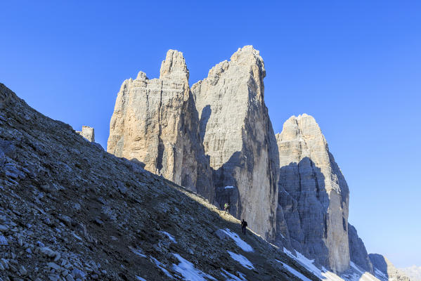 View of the Three Peaks of Lavaredo on a summer day. Sesto Dolomites Trentino Alto Adige Italy Europe