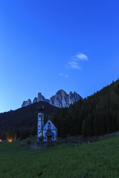 Ranui church at night. St. Magdalena Funes Valley South Tyrol Dolomites Italy Europe