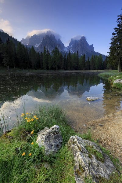 Cadini di Misurina group is  reflected in Lake Antorno. Auronzo of Cadore Veneto Sesto Dolomites Italy Europe