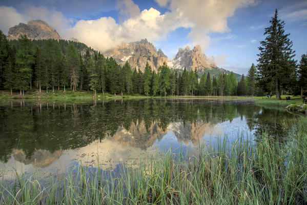 Cadini di Misurina group is  reflected in Lake Antorno at sunset. Auronzo of Cadore Veneto Sesto Dolomites Italy Europe