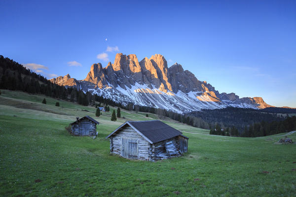 The group of Odle views from Gampen Alm at dawn. Funes Valley. Dolomites South Tyrol Italy Europe