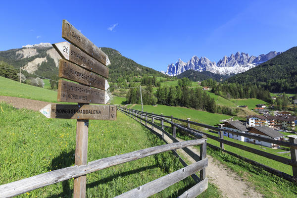 Signs indicate the trails around the Odle Group. Funes Valley South Tyrol Dolomites Italy Europe