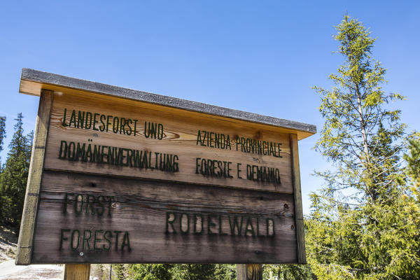 Signboards for tourists and hikers at Passo Delle Erbe. Sass de Putia. Puez Odle South Tyrol Dolomites Italy Europe