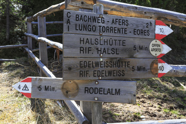 Signboards for hikers at Passo Delle Erbe. Sass de Putia. Puez Odle South Tyrol Dolomites Italy Europe