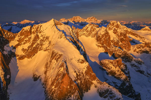 Aerial view of peaks Torrone at sunset Masino Valley Valtellina Lombardy Italy Europe
