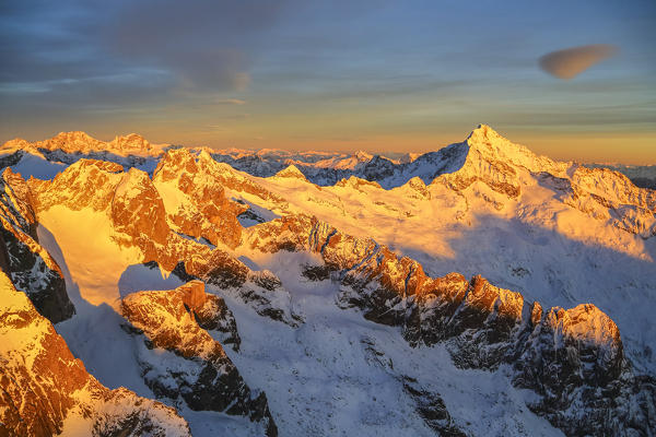 Aerial view of peaks Torrone and Mount Disgrazia at sunset Masino Valley Valtellina Lombardy Italy Europe