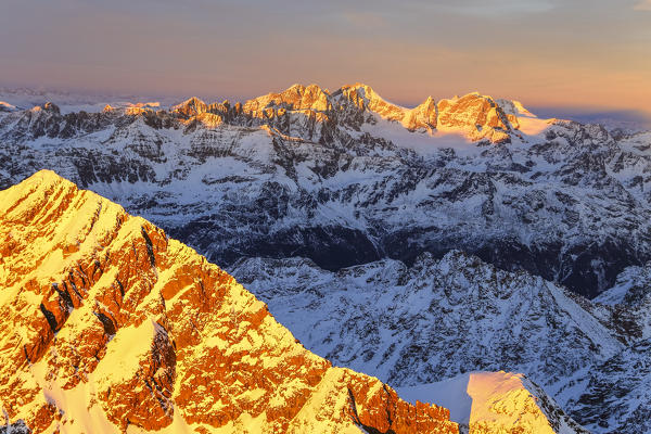 Aerial view of Mount Disgrazia and Bernina Group at sunset Masino Valley Valtellina Lombardy Italy Europe