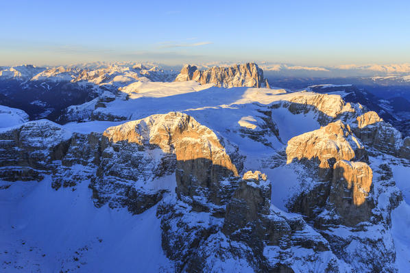 Aerial view of Sassolungo at sunset. Dolomites Sella Group Trentino Alto Adige Italy Europe