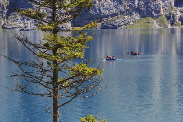 Boat trip around Lake  Oeschinensee Bernese Oberland Kandersteg Canton of Bern Switzerland Europe