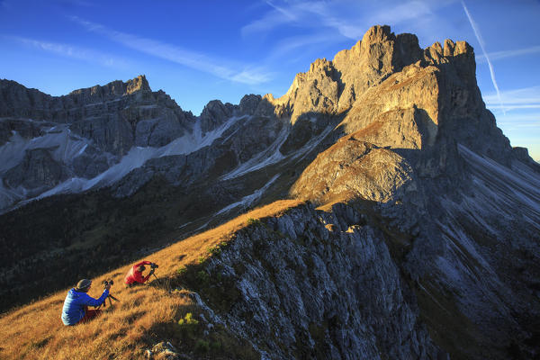 Photographers in action Furcella De Furcia Odle Funes Valley South Tyrol Dolomites Trentino Alto Adige Italy Europe