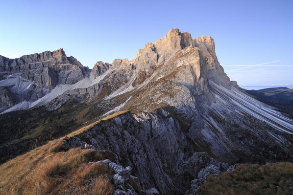 Dawn lights frames the rocky peaks Furcella De Furcia Odle Funes Valley South Tyrol Dolomites Trentino Alto Adige Italy Europe