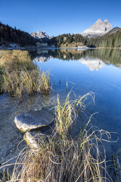 The Three Peaks of Lavaredo are reflected in Lake Misurina Auronzo of Cadore Veneto Italy Europe