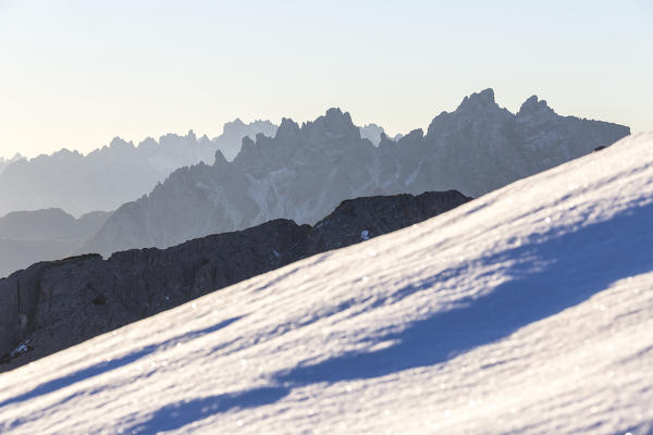 Dawn lights frames Cadini of Misurina Dolomites Auronzo of Cadore Veneto Italy Europe