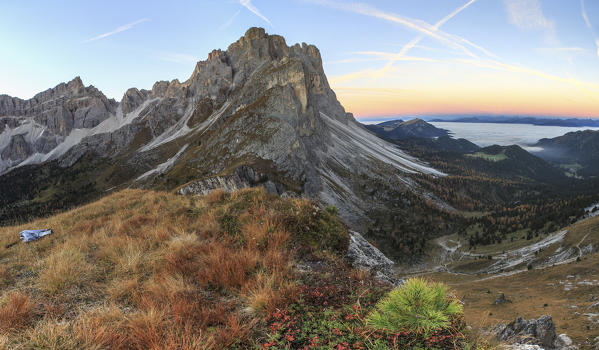 Dawn lights frames the rocky peaks Furcella De Furcia Odle Funes Valley South Tyrol Dolomites Trentino Alto Adige Italy Europe