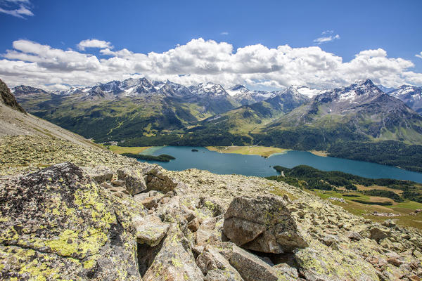 Top view of Lake Sils with snowy peaks in background Engadine Canton of Grisons Switzerland Europe