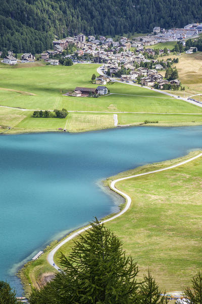 The turquoise water of Lake Silvaplana surrounded by green meadows Engadine Canton of Grisons Switzerland Europe