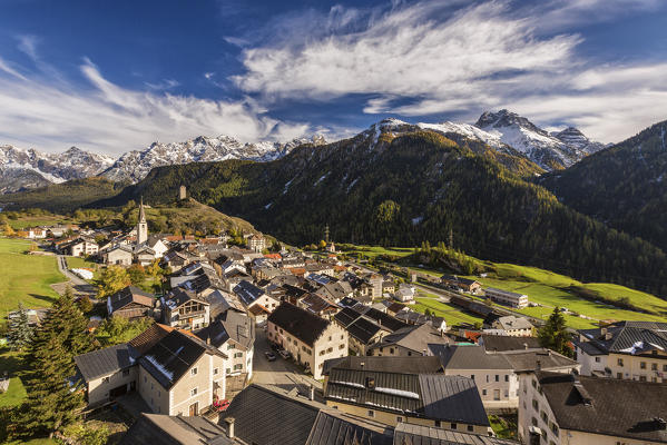 View of Ardez village surrounded by woods and snowy peaks Lower Engadine Canton of Graubünden Switzerland Europe