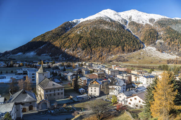 View of Zernez village surrounded by woods and snowy peaks Lower Engadine Canton of Graubünden Switzerland Europe