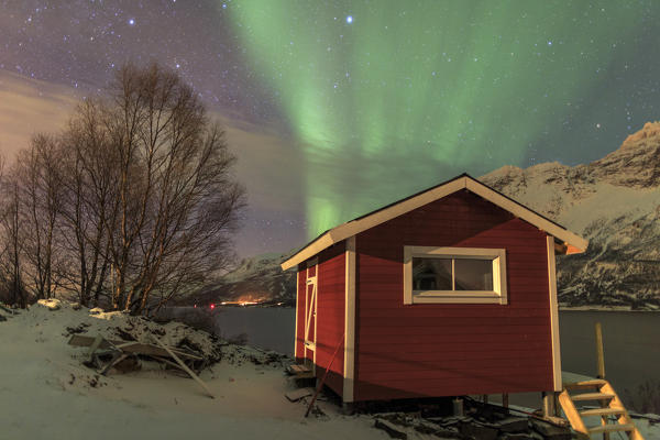 The Northern Lights illuminates the wooden cabin Oteren Storfjorden Lyngen Alps Tromsø Lapland Norway Europe