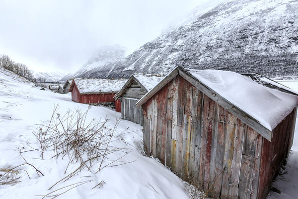 Typical wooden huts in the snowy landscape of Lyngseidet Lyngen Alps Tromsø Lapland Norway Europe