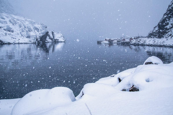 Heavy snowfall on the fishing village and the icy sea Nusfjord Lofoten Islands Norway Europe