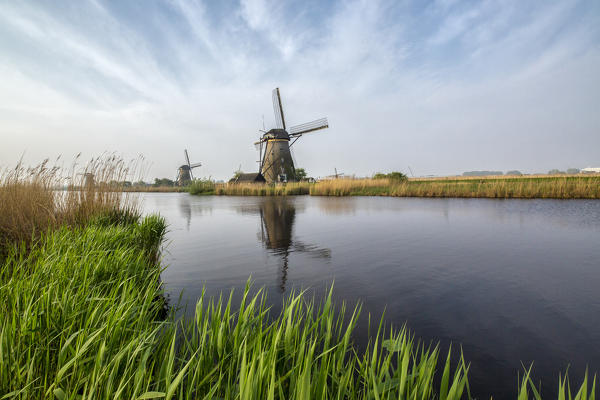 Green grass frames the windmills reflected in the canal Kinderdijk Rotterdam South Holland Netherlands Europe