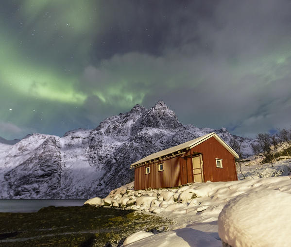 Northern Lights illuminate snowy peaks and the wooden cabin on a starry night at Budalen Svolvaer Lofoten Islands Norway Europe