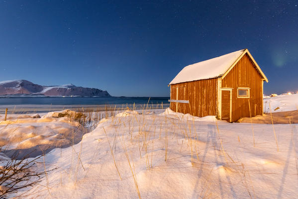 Moonlight on a typical fishermen cabin surrounded by snow Ramberg Flakstad Nordland County Lofoten Norway Europe