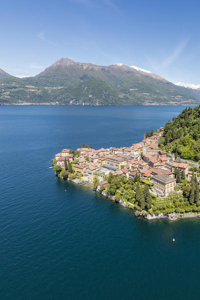 Aerial view of the village of Varenna frames by the blue water of Lake Como Lecco Province Lombardy Italy Europe