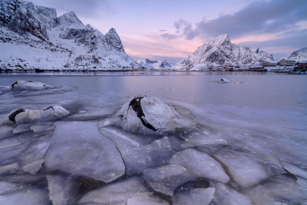 The pink colors of sunset and the frozen sea surround the fishing villages Reine Nordland Lofoten Islands Norway Europe