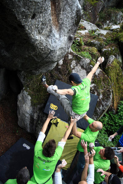 Climbing and bouldering in Valmasino and Val di Mello during the event Melloblocco, Valtellina, Lombardy Italy Europe