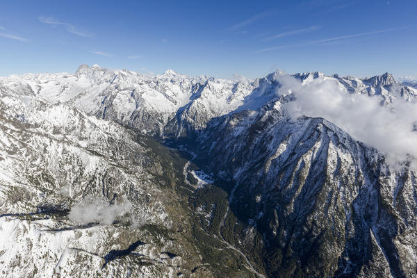 Aerial view of the snowy peaks in a sunny day of autumn  Val Codera  Chiavenna Valley Valtellina Lombardy Italy Europe
