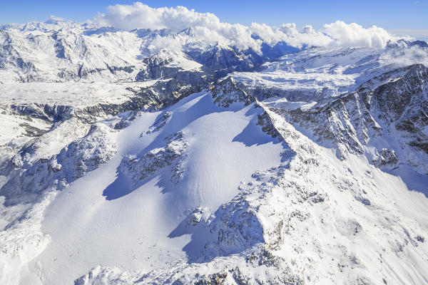 Aerial view of Peak Ferrè  covered with snow Spluga Valley Chiavenna Valtellina Lombardy Italy Europe