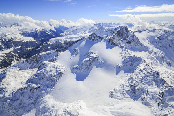 Aerial view of Peak Ferrè  covered with snow Spluga Valley Chiavenna Valtellina Lombardy Italy Europe