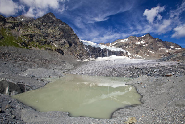 The terminus of the Glacier Fellaria in an epiglacial lake in Valmalenco, Valtellina, Lombardy Italy Europe