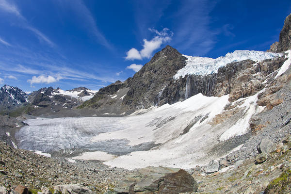 The ice in the Fellaria glacier going down from the Bernina group in Valmalenco, Lombardy Italy Europe