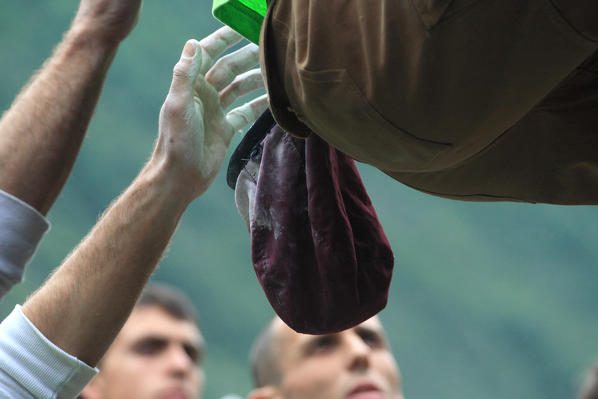 The bag containing magnesium is one of the most important instruments of a climber. Masino Valley Lombardy Italy Europe