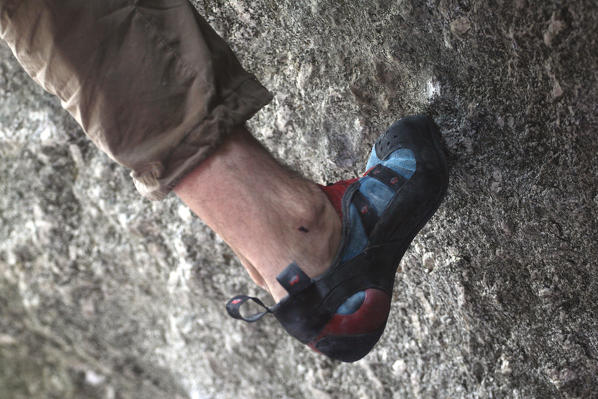 The position of the foot is very important for the climbers. Masino Valley Lombardy Italy Europe