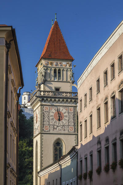 View of the typical bell tower framed by blue sky Passau Lower Bavaria Germany Europe