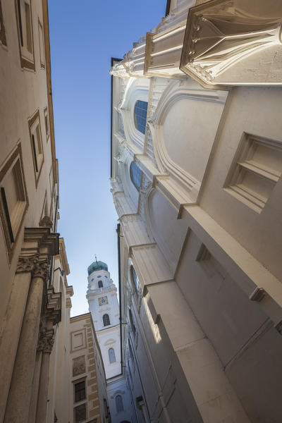 Vertical view of the typical bell tower framed by blue sky Passau Lower Bavaria Germany Europe