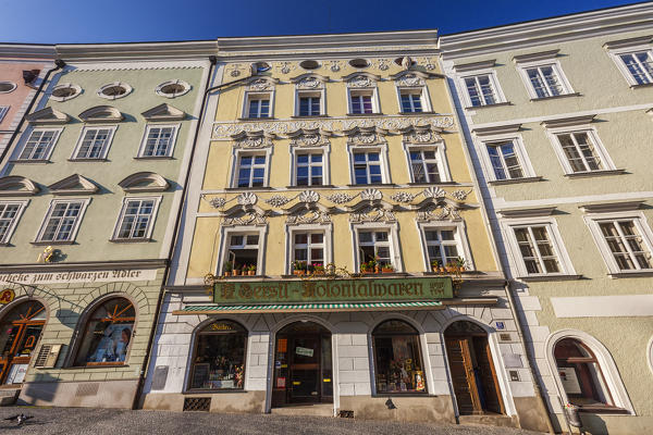 The typical architecture of colorful facades of buildings framed by blue sky Passau Lower Bavaria Germany Europe